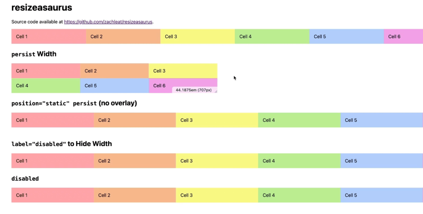 Five examples of grids with cells where the grid shows how wide it is.